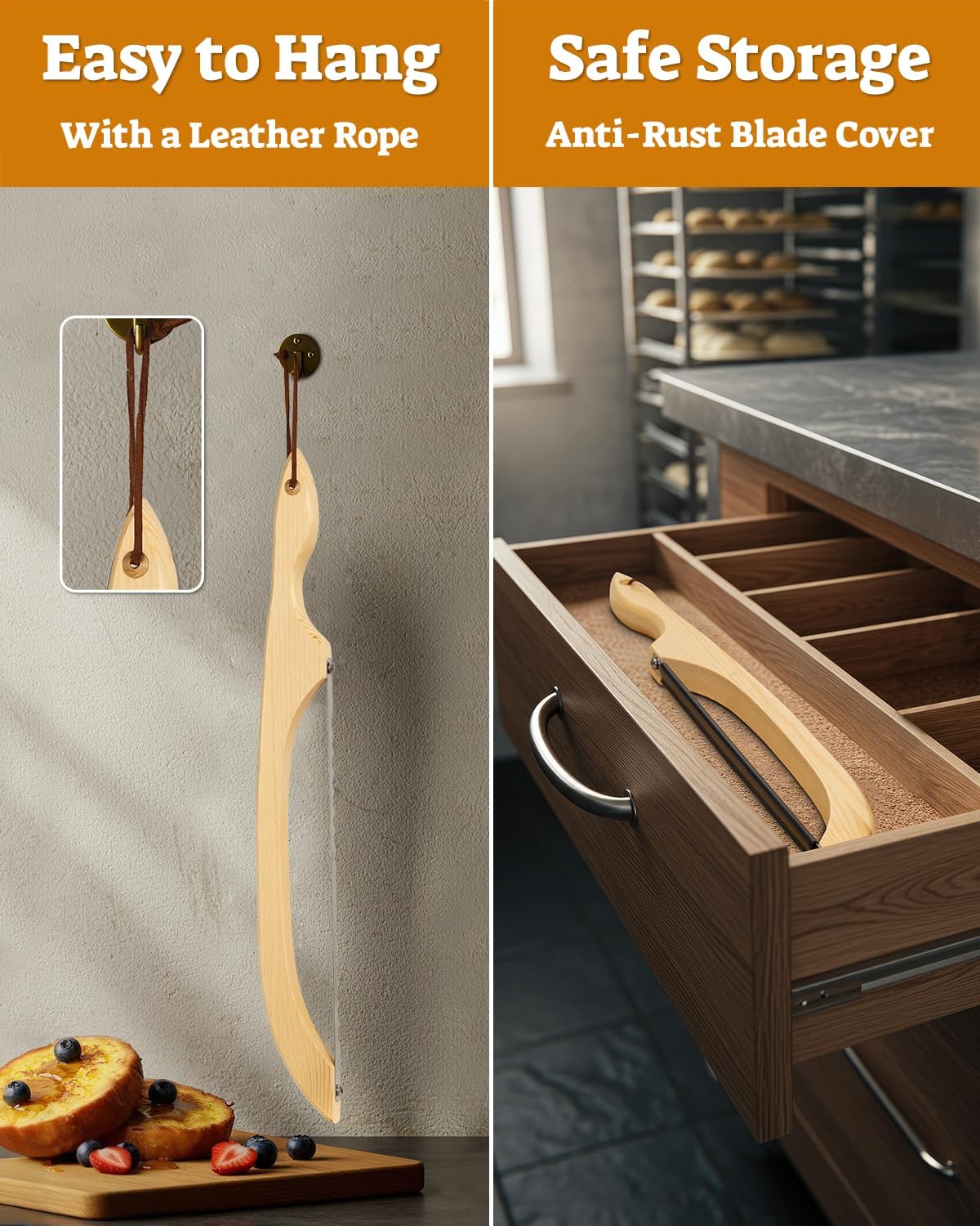 16.5” Bread slicer for Homemade Bread, Serrated Bread Knife for homemade bread with Bow Design, Premium Bread Knife, Bread Slicer, Bread Cutter for Bagels, Baguettes, Natural Wood