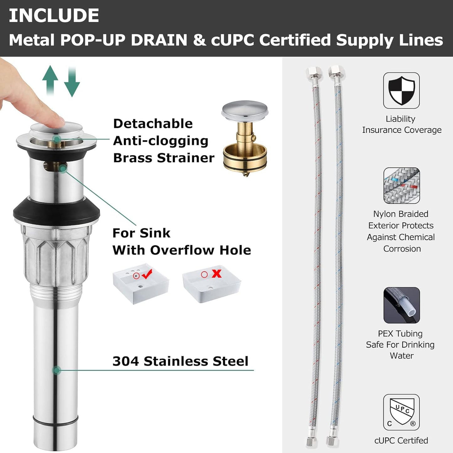 PARLOS 2 Handles Bathroom Faucet Brushed Nickel with Metal Pop-up Drain and Faucet Supply Lines, 1431602