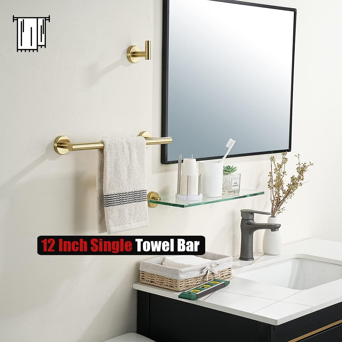 JQK Bathroom Towel Bar, 15 Inch 304 Stainless Steel Thicken 0.8mm Towel Rack, Towel Holder Brushed Gold Wall Mount, Useable Length 12 Inch TB110L12-BG