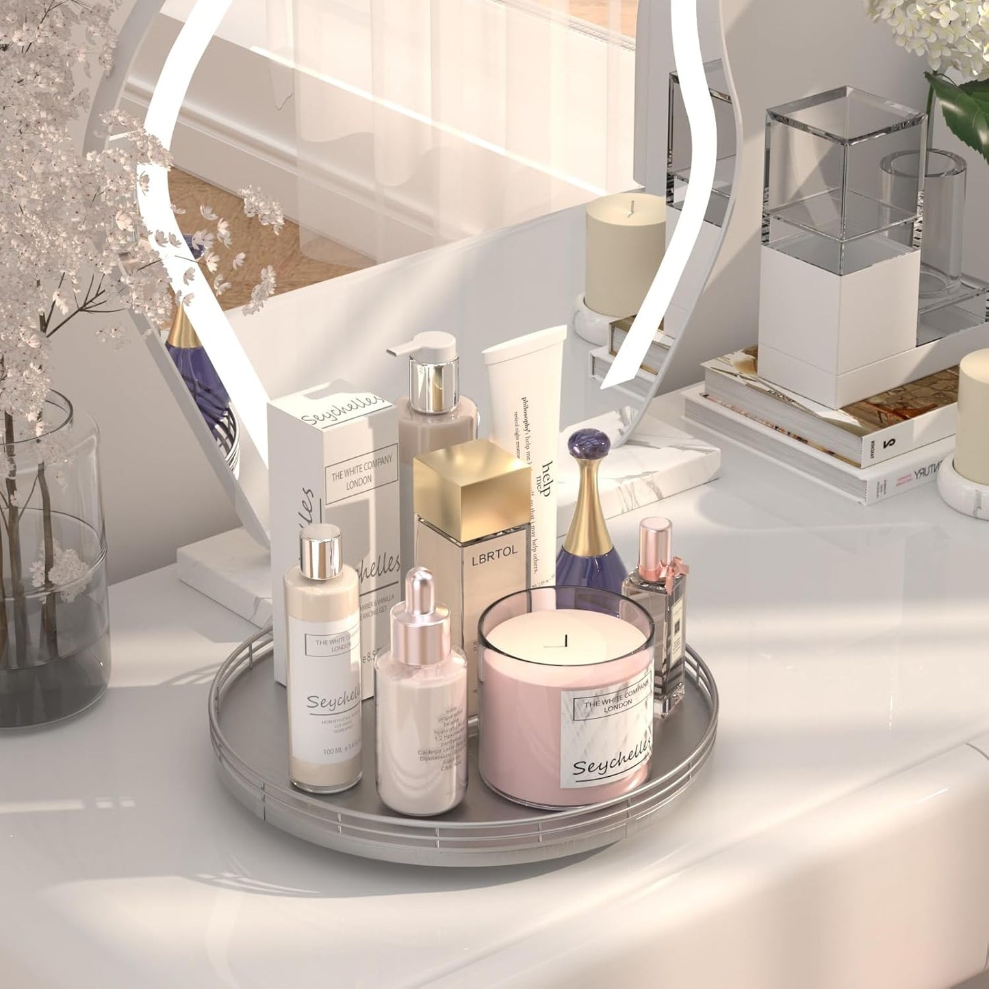 12" Silver Lazy Susan for Table Top, Oak Wood Lazy Susan Turntable Organizer for Dining Coffee Table Centerpiece Bar Decor Kitchen Countertop Bathroom Vanity Decorative Tray for Perfume Jewelry Round