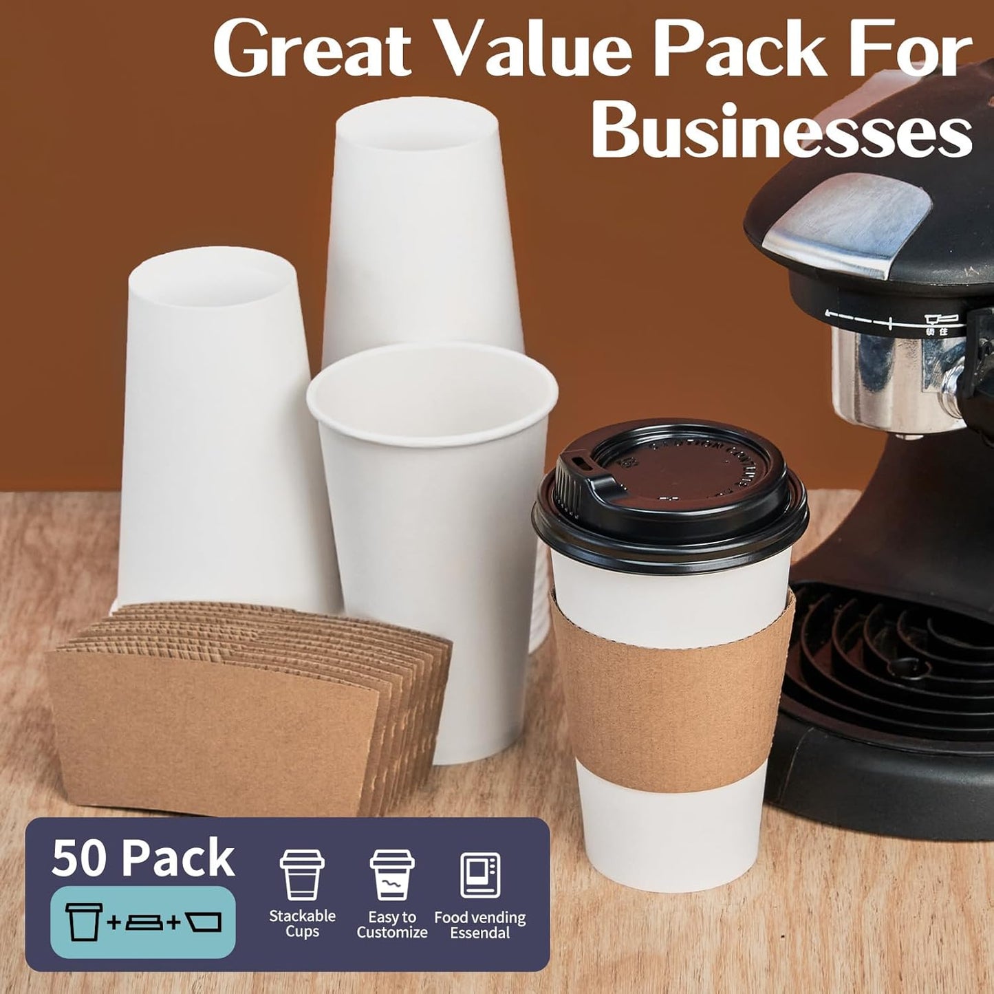 YEEHAW Disposable Coffee Cups with Lids 16 oz 50 Pack, Coffee cups with Lids and Sleeves, To Go Coffee Cups, Hot Paper Cups for Hot Beverages in Party, Family, Office, Upgraded