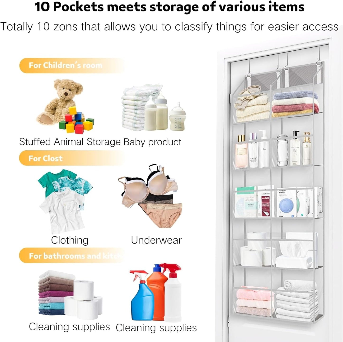 Over the Door Organizer 5 Tiers,Extra Large Behind Door Storage of 10 Compartments,50 lbs Weight Capacity Over the Door Storage, Clear Door Hanging Organizer for Closet, Diaper Organizer