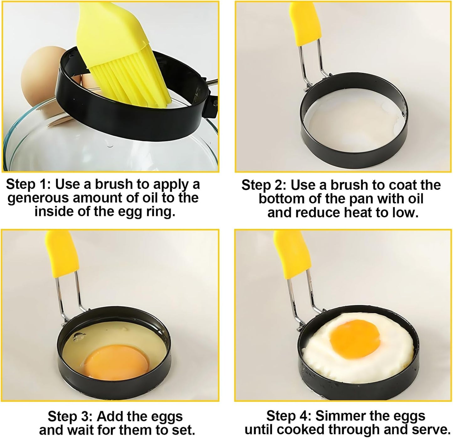 4 Pack Fried Egg Molds Round Stainless Steel Fried Egg Ring with Silicone Handle Perfect for Making Breakfast Sandwiches, Burgers, Pancakes Suitable for Home or Breakfast Carts (3 inch）