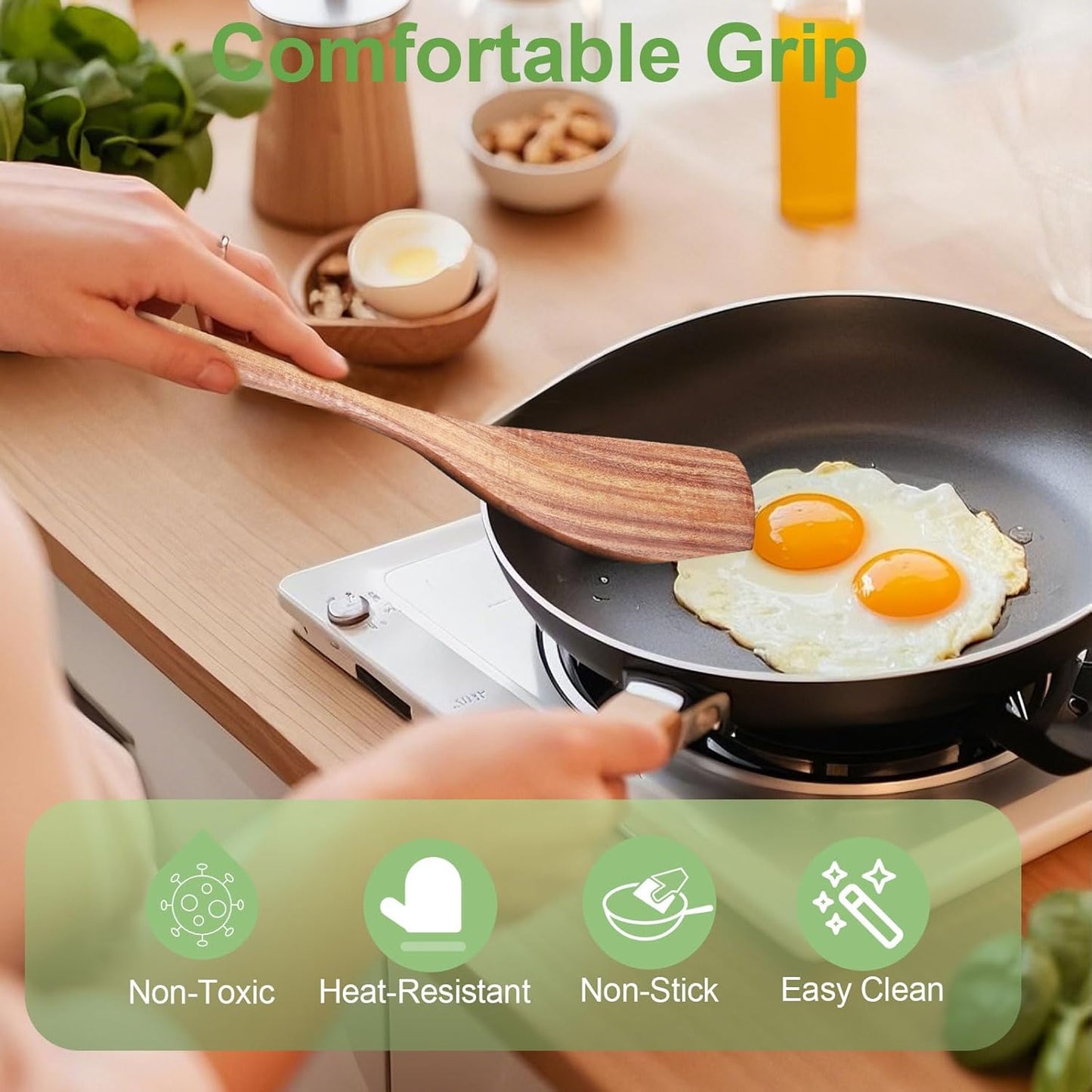 2 Pack Wooden Spatula, Acacia Wood Long Handle Flat Frying Turner, Handmade wooden spoons for cooking, Kitchen Utensil set, Non-Stick Cooking Spurtle Utensils for kitchen use