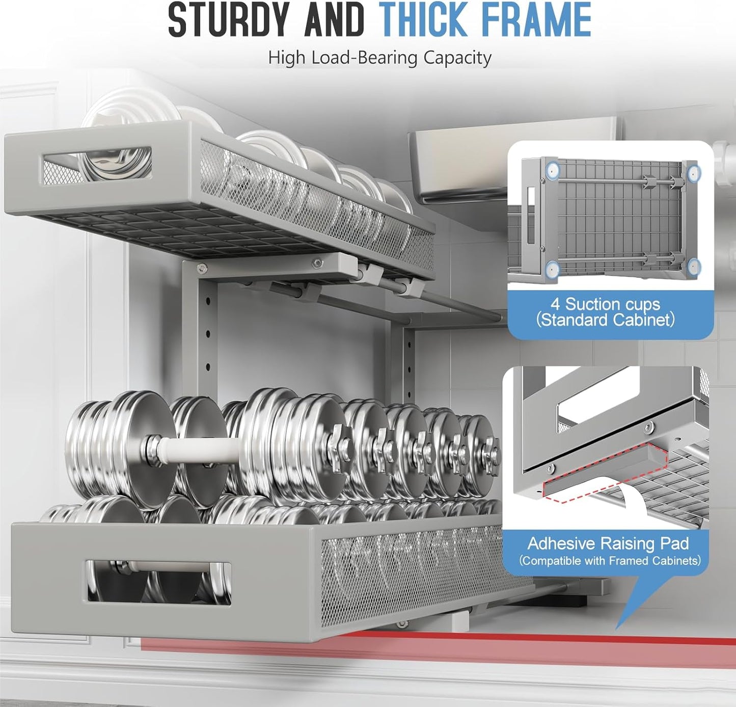 2 Pack 19IN Depth Under Sink Storage Organizer, Large 2-Tier Elegant Mesh Pull Out Shelf for Kitchen and Bathroom Cabinet Organization, L-Shaped and Adjustable Height Design-Gun Gray