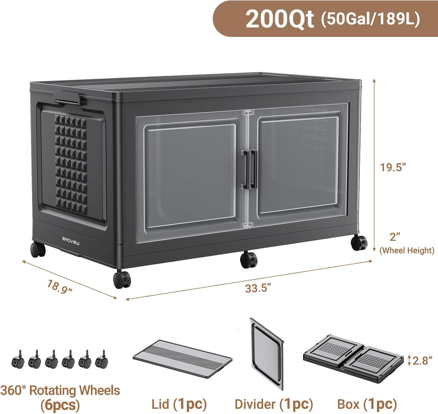 19.5" H 50Gal Plastic Storage Bin with Lid & Wheels,1Pack Extra Large Stackable Storage Bin with Divider,Closet Organizers and Storage Cabinet Shelves Collapsible Box for Home Kitchen,Black