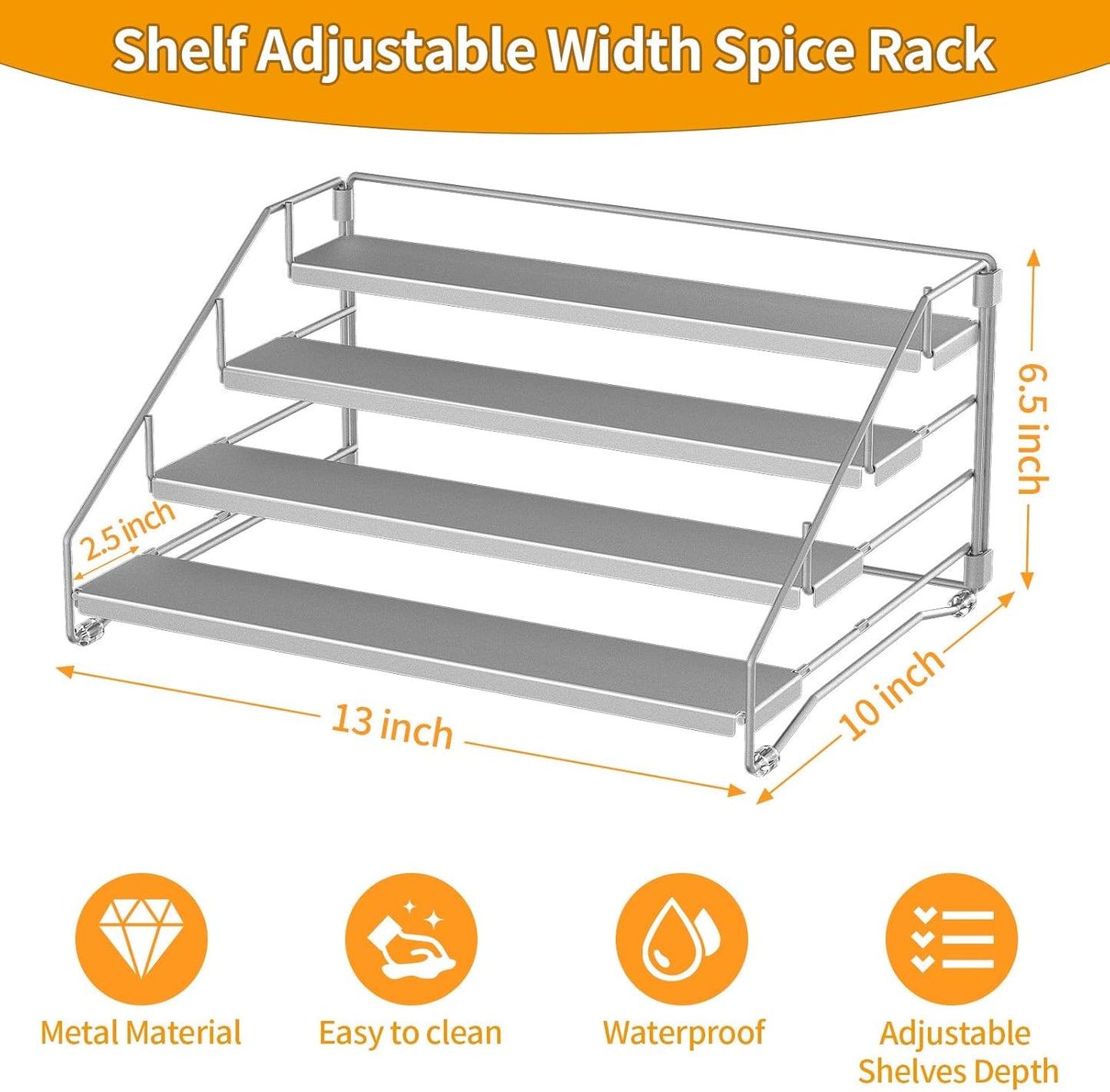 4 Tier Spice Rack for Cabinet, Spice Rack Organizer, Depth Adjustable Spice Organizer for Countertop, Cupboard, Pantry, Seasoning Shelf, Metal, Gray (1 Pack)