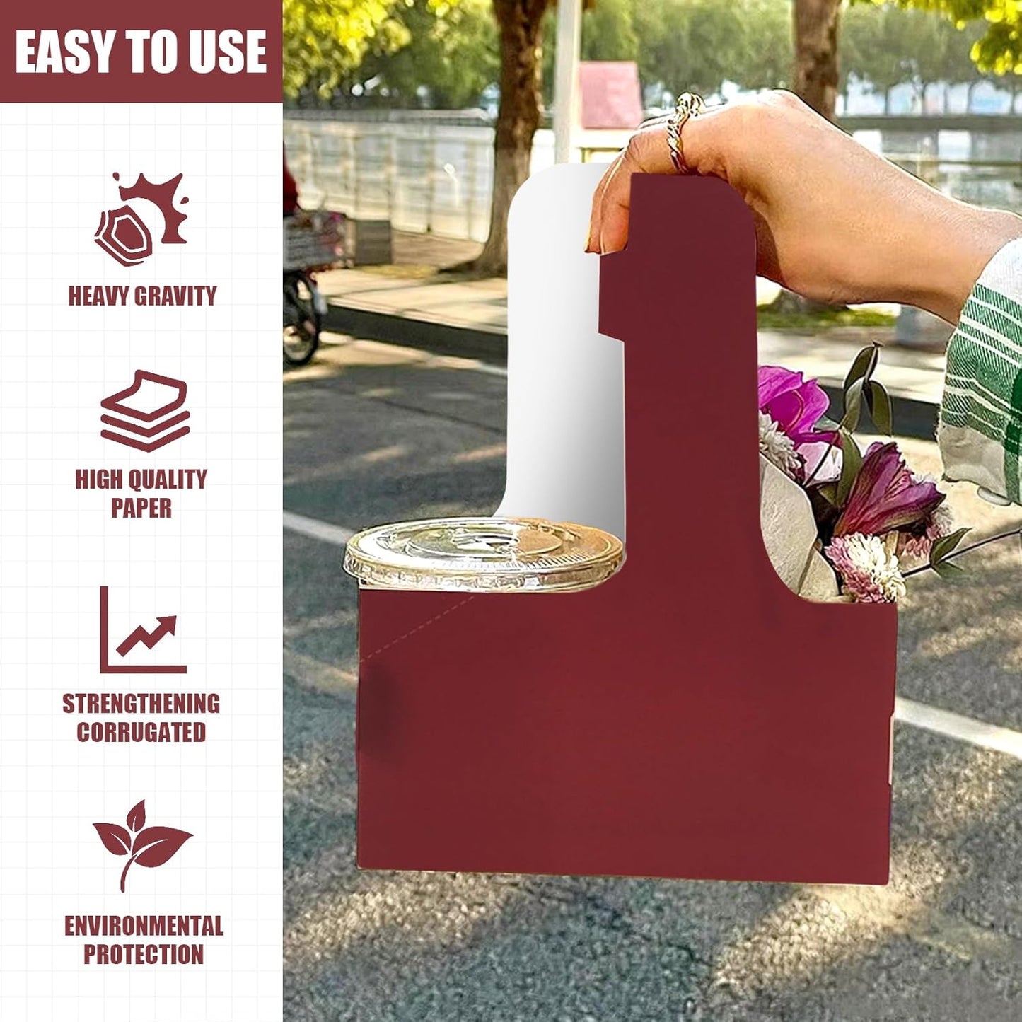 2 Cup Disposable Drink Carrier for Delivery with Handle,30 Count Red Paperboard Cup Holder,Cup Carriers for Hot or Cold Drinks,Coffee Carrier, Food Delivery,Take Out Cup Carriers (Wine Red, 30 PCs)
