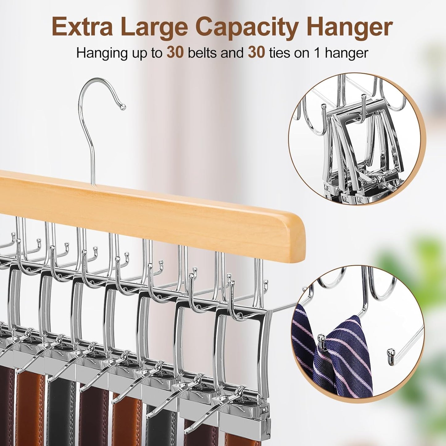 TOPIA HANGER 2 in 1 Belt Tie Hanger for Closet Max 30 Belts with 30 Ties Capacity, 20 Hooks Belt Tie Racks Wooden Hanger for Closet Organizer Storage Space Saving “U” Fit Belt and “一” Fit Tie - CT47N