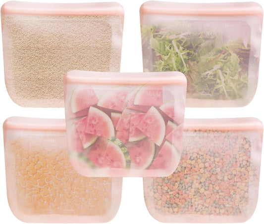 purifyou Set of 5 Reusable Silicone Storage Snack Bags 6oz / 16oz / 32oz / 64oz Self-Seal Food Storage Container for Fruits, Vegetables, Sandwiches, Dishwasher Safe & Leak-free (CloudPink, 64oz)
