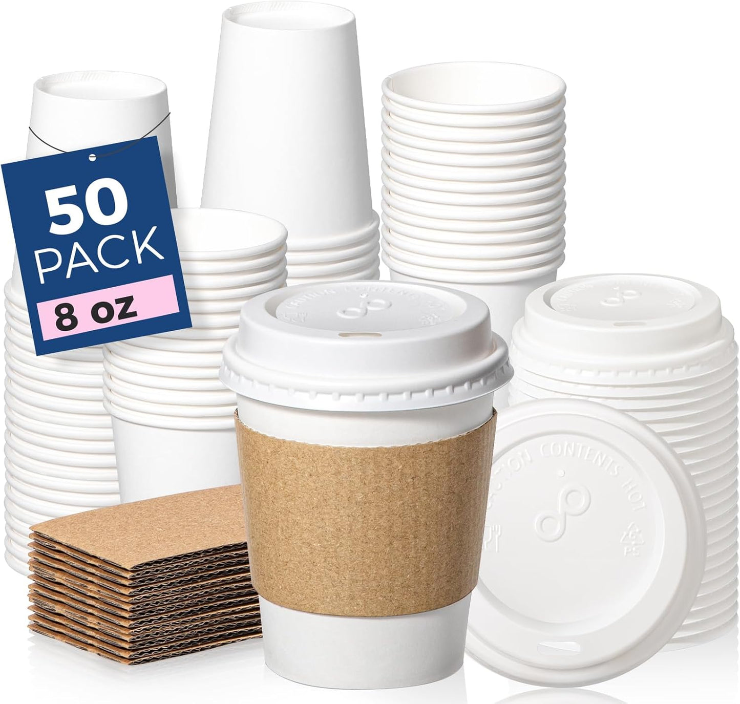 Fit Meal Prep 50 Pack 8 oz Disposable Coffee Cups with Lids, Sleeves, Leak-Proof To Go Coffee Cups with Lids, Durable Hot Paper Cups for Home, Office, Party, Business