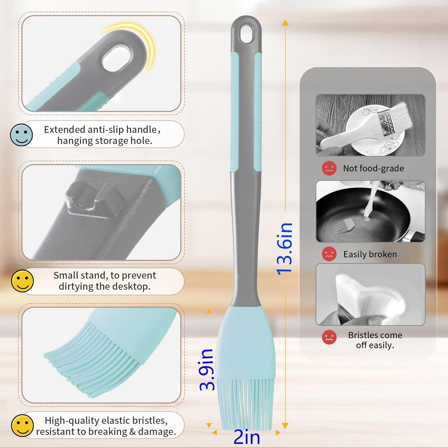 Silicone Pastry Basting Brush - 2Pcs Extra Long Silicone Basting Brush for Grilling,2inch Wide Heat Resistant Brushes Spread Oil Butter Sauce Marinade for Cooking Baking BBQ(Blue 2)