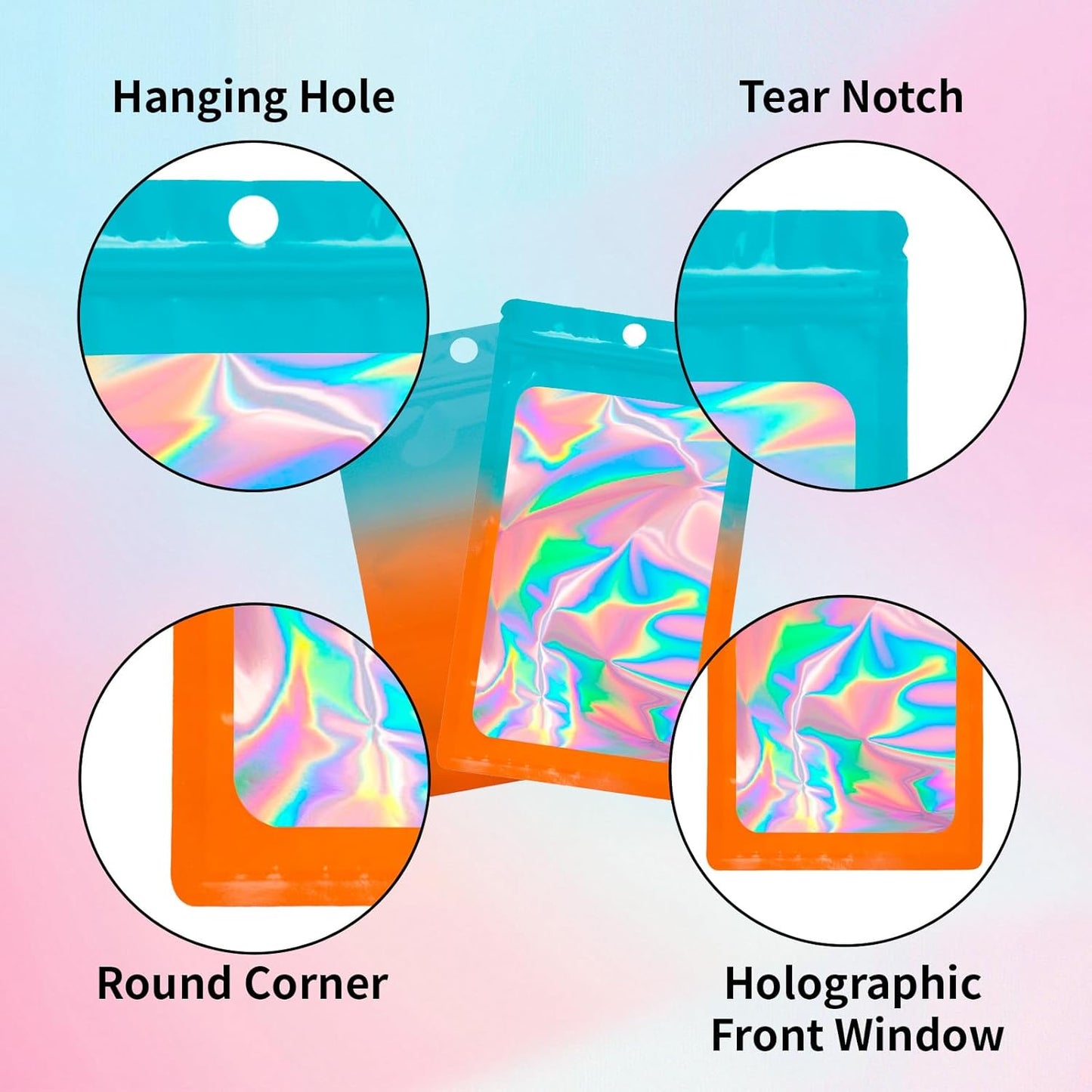 200 Pack Resealable Mylar Holographic Bags Food Storage Smell Proof Bags with Front Window Foil Packaging Pouch for Candy Sample Jewelry Small Business 4.72×7.87 Inch, Blue Fade Orange