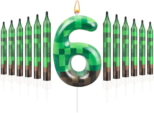 13 Pcs Dynamite Candles 12 TNT Themed Birthday Cake Candles and Number 6 Candle Cake Topper for Pixel Theme Birthday Party Anniversary Party Dynamite Theme Party Video Game Party Supplies (Number 6)