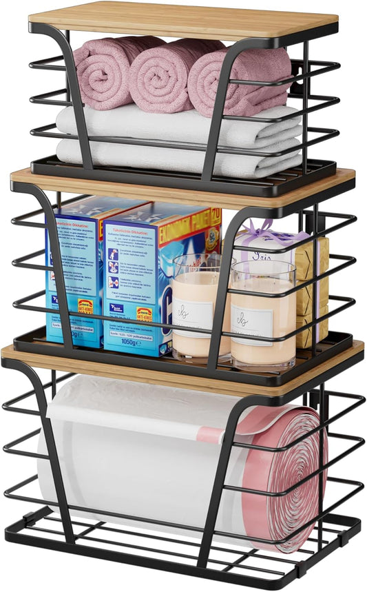 3 Pack Stackable Pantry Organizer, Trash Bag Dispenser Under Sink, Kitchen Organization and Storage, Kitchen Counter Organizer, Black