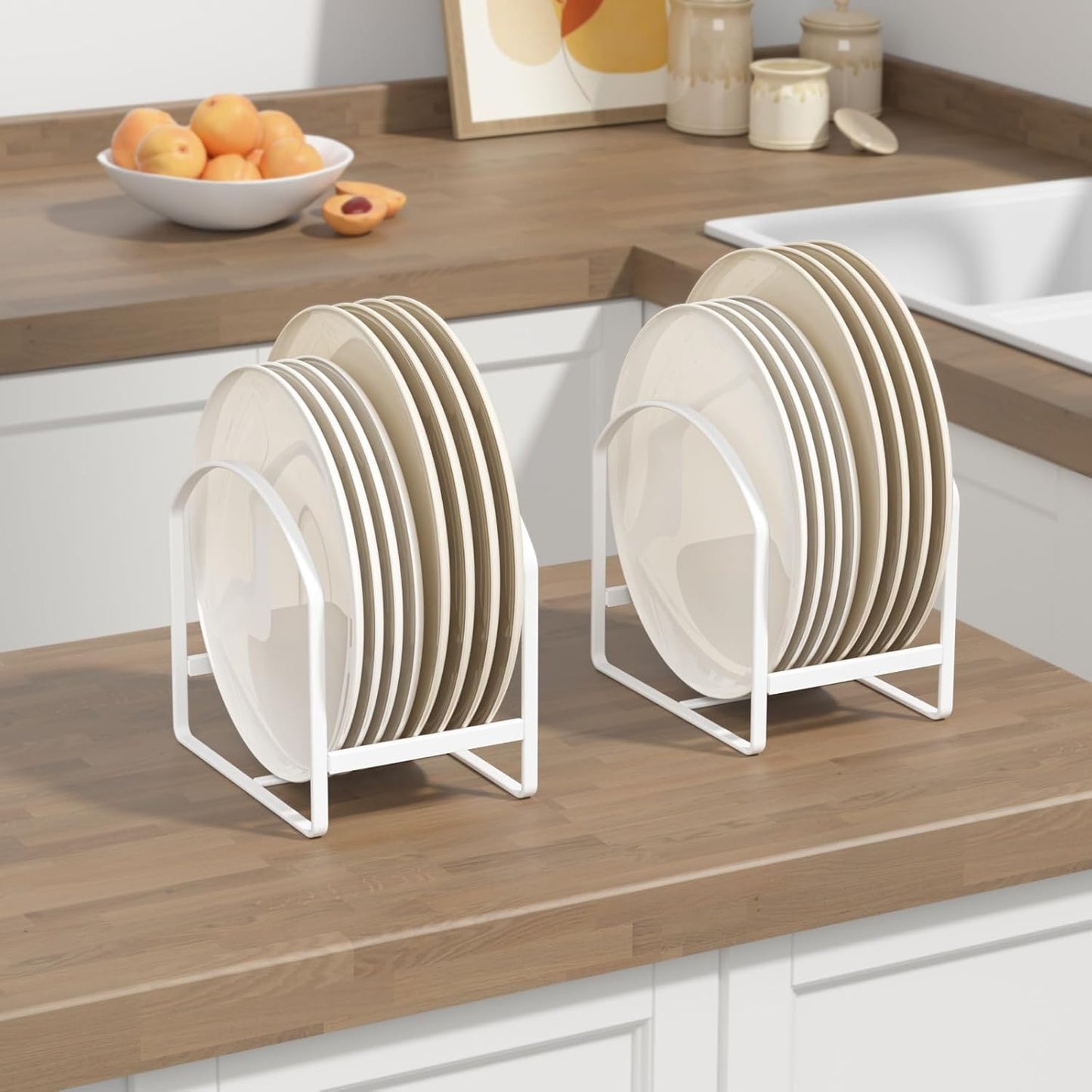 4 Pack Kitchen Plate Holder Organizer for Cabinet Space Saver Dinner Dish Storage Rack Upright Dish Drying Racks Metal Plate Dish Racks Stand for Cupboard and Countertop 2 Large 2 Small White