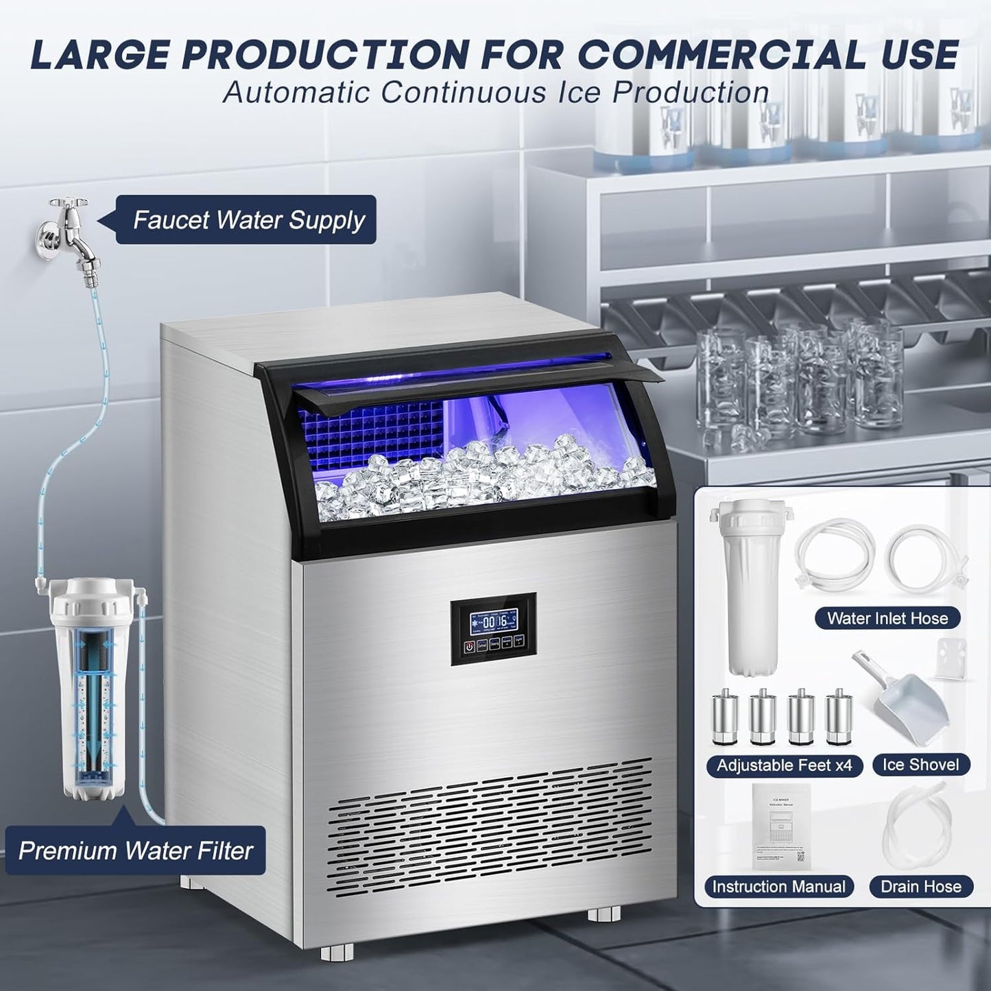 350 Lbs/24H Commercial Ice Maker – 80 Lbs Storage Bin, 126 Ice Cubes Per Cycle – Stainless Steel Undercounter/Freestanding Design, Perfect for Home, Bar, and Outdoor Use, Self-Cleaning Function