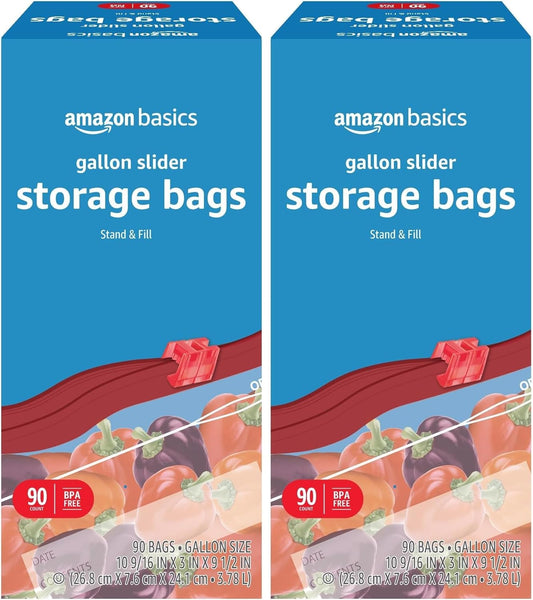 Amazon Basics Slider Gallon Food Storage Bags, Stand & Fill, 90 Count (Pack of 2)