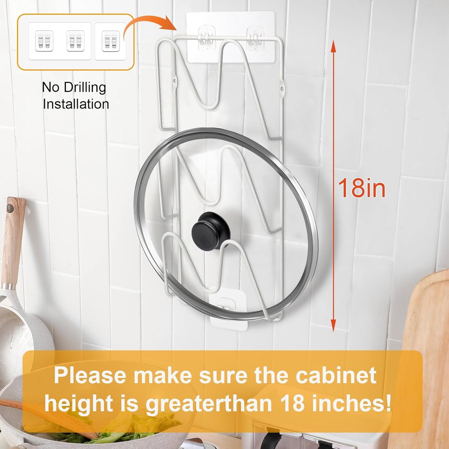 2 Pack Pot-Lid-Organizer, 6-Tier Pots and Pans Lid-Organizer for Cabinet Door/Wall, No Drilling Adhesive Wall/Door Mounted Rustproof Pot-Lid-Holder for Kitchen Organization - White