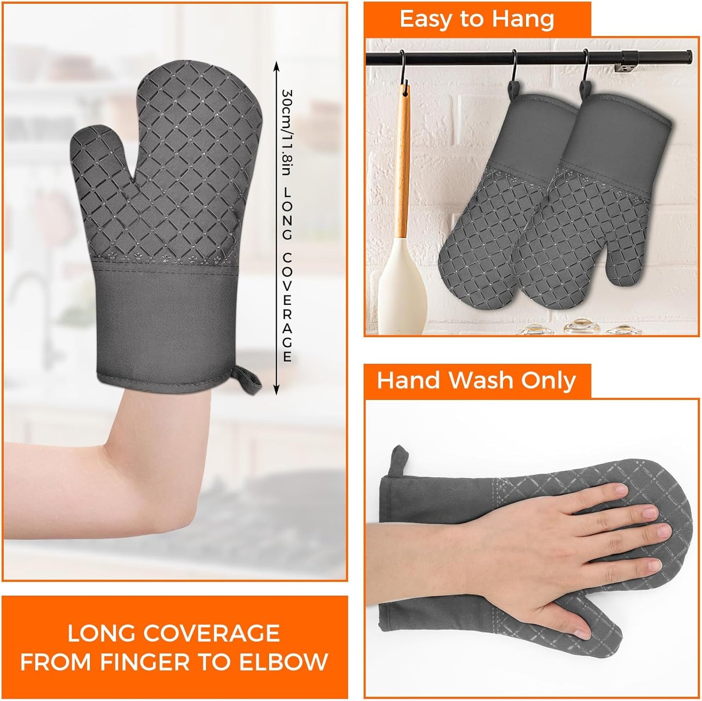 2 Pcs Oven Mitts Heat Resistant for Kitchen, Kitchen Oven Gloves, Long Oven Mitts and Pot Holder with Non-Slip Silicone Stripe Soft Cotton Lining, Silicone Oven Mitts for Cooking Baking BBQ Dark Grey