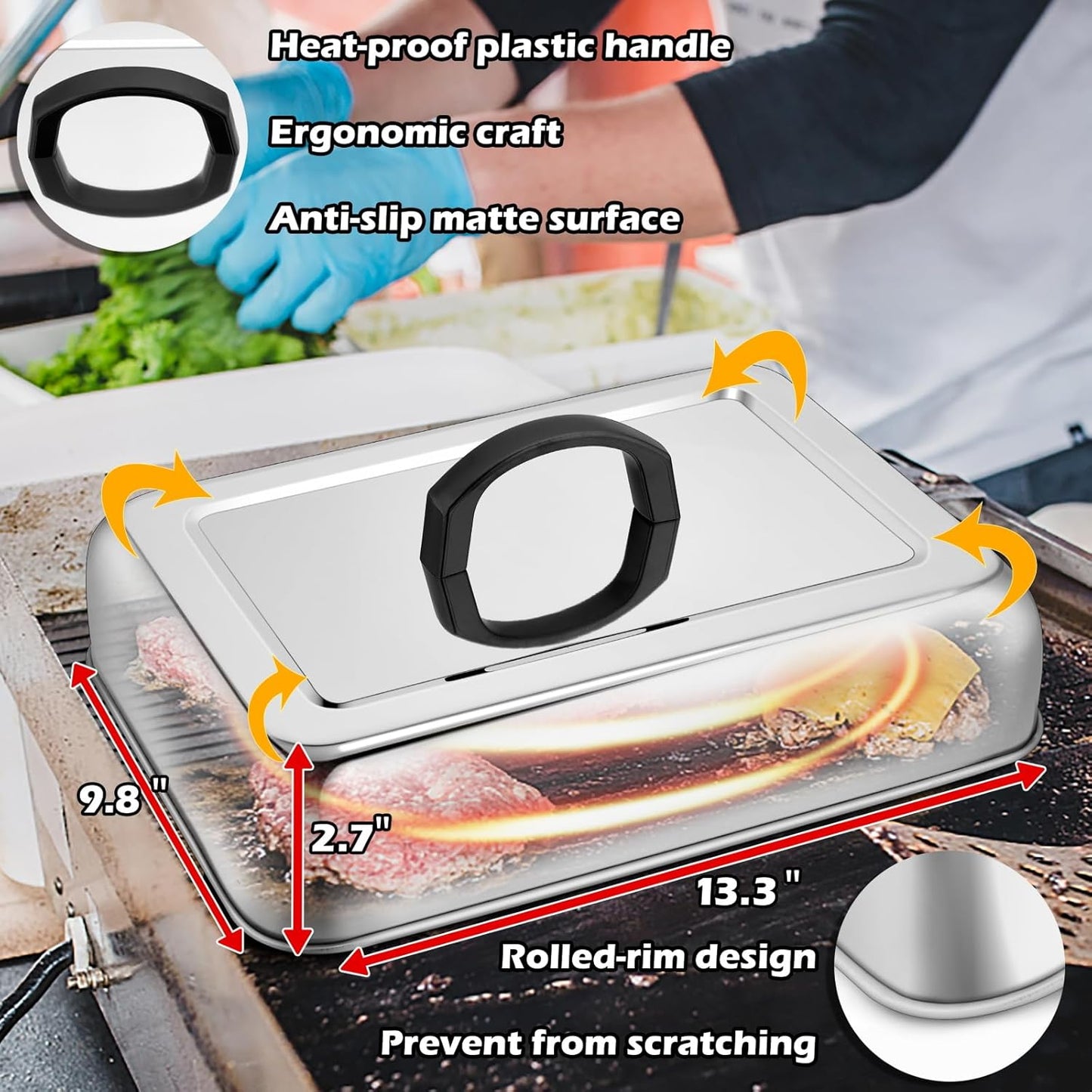 Rectangular Melting Dome 2Pcs, HaSteeL 13.3 X 9.8In Stainless Steel Bating Steaming Cover, Heavy Duty Solid Griddle Lid & Grill Pot with Air Damper, for Flat Top Hibachi Cooking, Dishwasher Safe