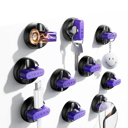 10-Pack Magnetic Cable Clips [1S Snap-On] Cord Holder, LISEN Office Desk Organizers and Accessories with 5 Extra Strong Adhesive Pads, Wire Organizer for Nightstand, Home, Wall, Car, Desktop, Purple