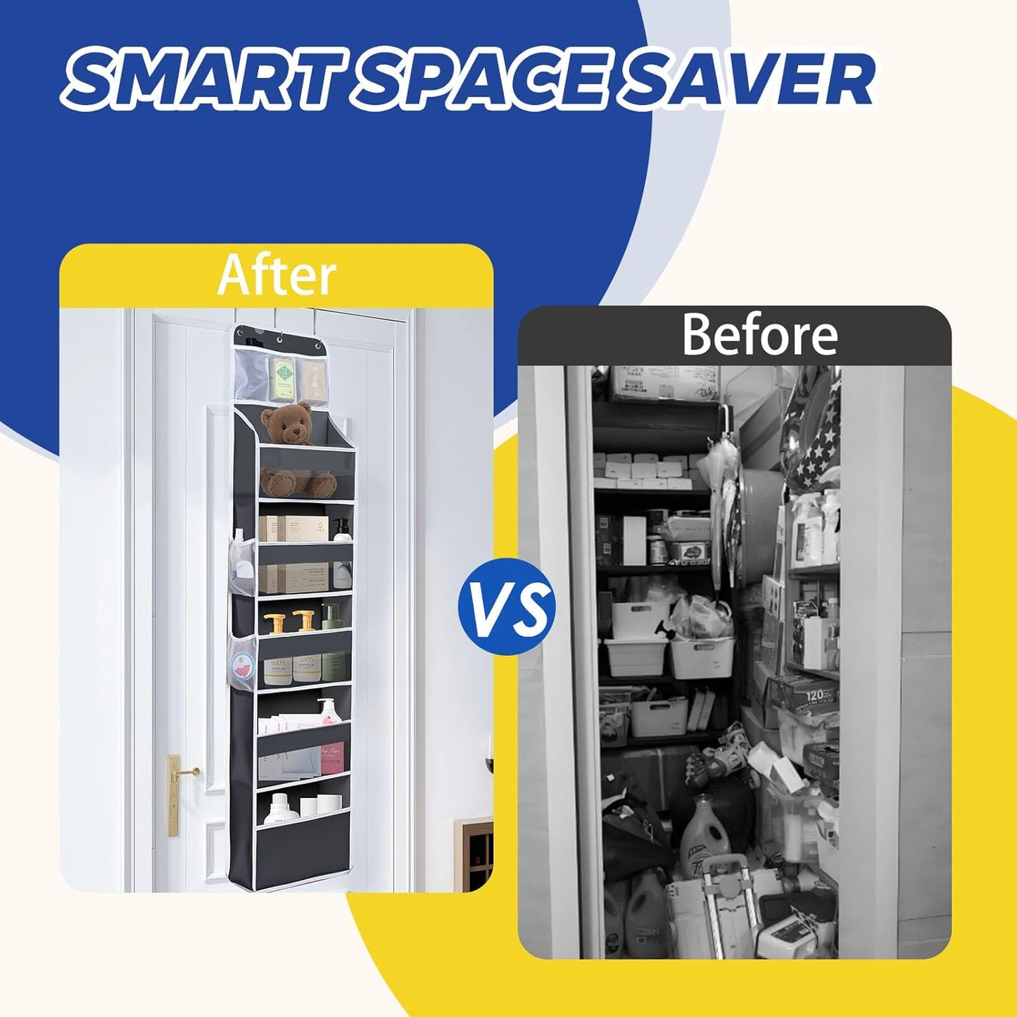 Over The Door Organizer - 6 Capacity Large Pockets & 7 Mesh Compartments, Anti-Tilt Design Holds 44 lbs, for Bathroom, Nursery, Dorm, Pantry & Laundry Storage (Deep Grey)