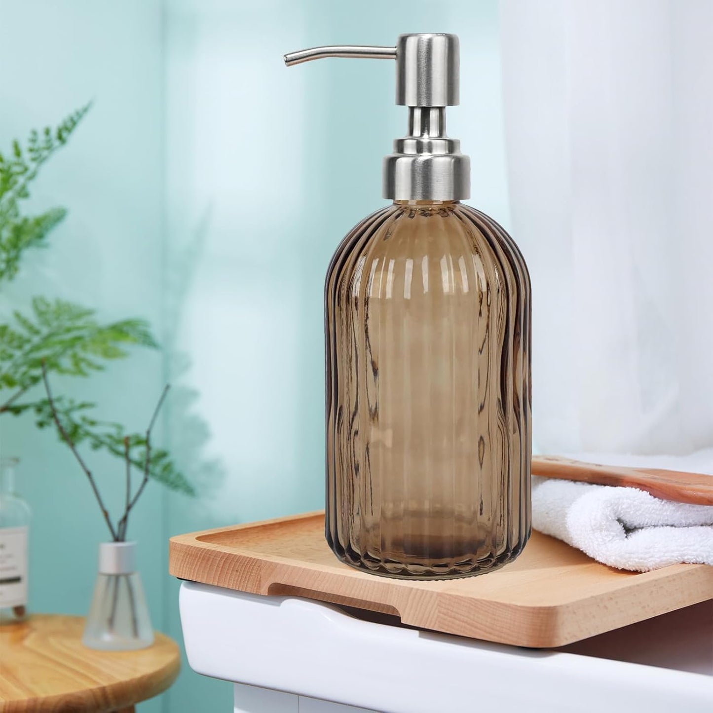 14Oz Brown Soap Dispenser Bathroom, Clear Glass Hand Soap Dispensers with Stainless Steel Pump, Refillable Dish Soap Dispenser for Kitchen, Countertop Soap Dispensers