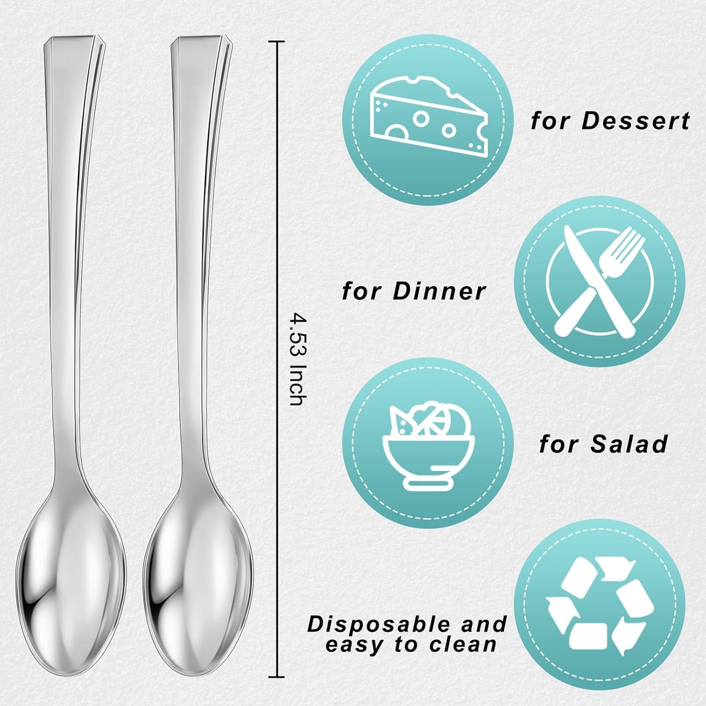 Yinkin 300 Pieces Plastic Mini Appetizer Spoon 4.53 Inch Stainless Steel Finished Silver Disposable Silverware Heavy Duty Plastic Tasting Dessert Forks for Party Wedding Catering