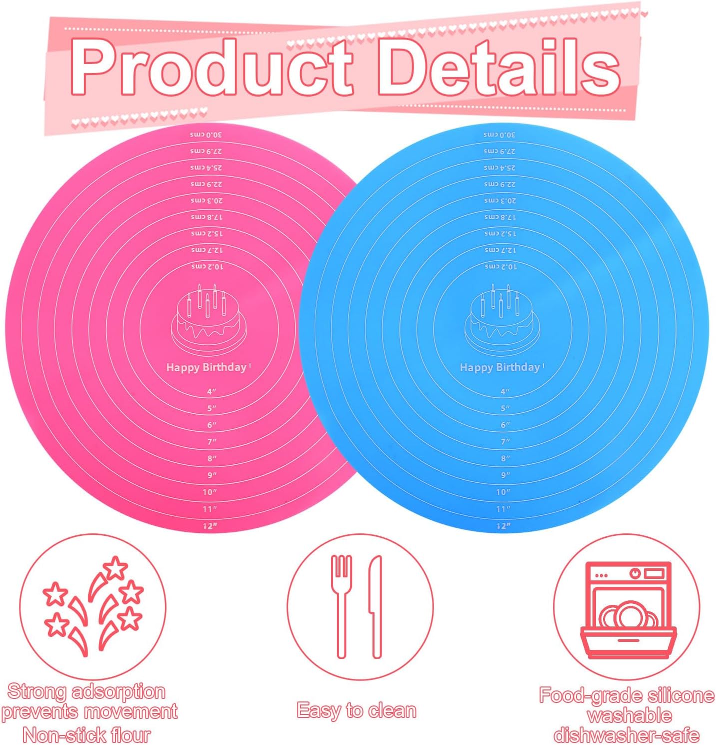 2pcs 30cm/12in Silicone Cake Mats, Round Cake Measurement Mat Non-Stick & Reusable Baking Pads for Making Cakes Macarons Pastry Cookies