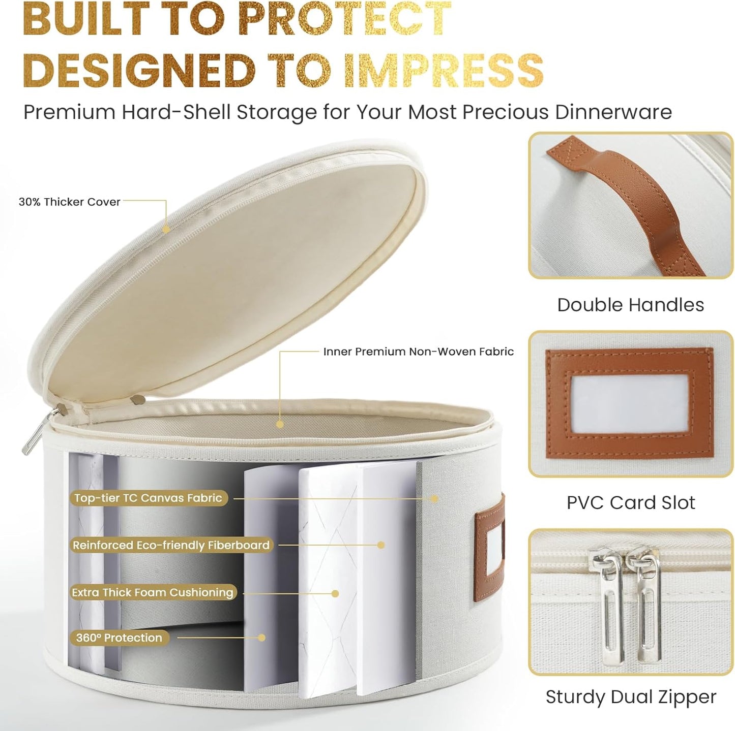 HOMELUX THEORY Saucer Plate Storage Box, 2pc Ivory Hard Shell China Storage Containers Thick Surfaces Lid & 24 Felt Pads, Heavy Duty Moving Box with Handles for Dishes, Dinner Plate, & Dinnerware