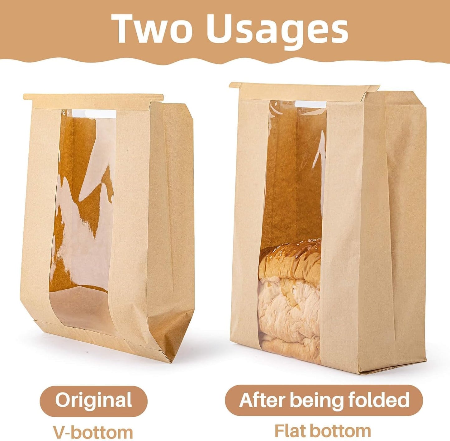 100Pcs Bread Bags with Reusable Ties - Homemade Sourdough Bread Storage Bags Brown Paper Bagel Loaf Bakery Bags with Window Toast Bags with Resealable Tie Disposable Baked Goods Sale Packaging