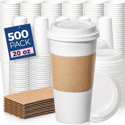 Fit Meal Prep 500 Pack 20 oz Disposable Coffee Cups with Lids, Sleeves, Leak-Proof To Go Coffee Cups with Lids, Durable Hot Paper Cups for Home, Office, Party, Business