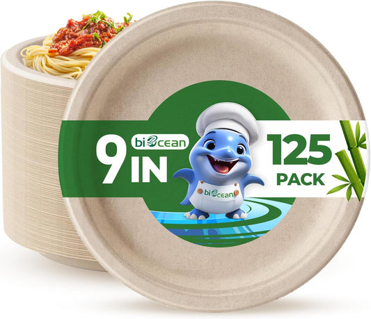 9 Inch Compostable Plates [125 Pack] - Heavy Duty Brown Compostable Paper Plate, Disposable Eco-Friendly Sugarcane Bagasse Plates for Dinner, Party, and Weddings (Round)