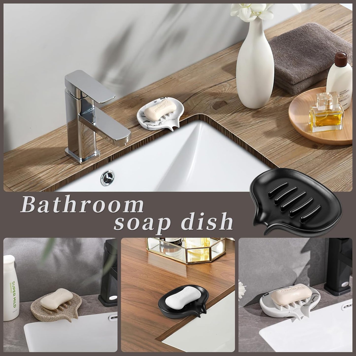 2 Pcs Soap Dish with Drain- Self Draining Bar Soap Holder for Shower, Large Resin Soap Savers Soap Tray Sponge Holder for Kitchen, Bathroom, Bathtub Sink, Linen