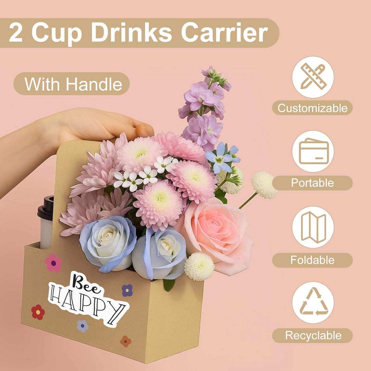 15 Pcs 2 Cup Drink Carrier with Handle, Assemblable Kraft Cardboard Cup Holders with 15 Pcs Happy Birthday Stickers, Disposable Drink Carrier for Drinks Coffee Take Out Cup Carriers Brown