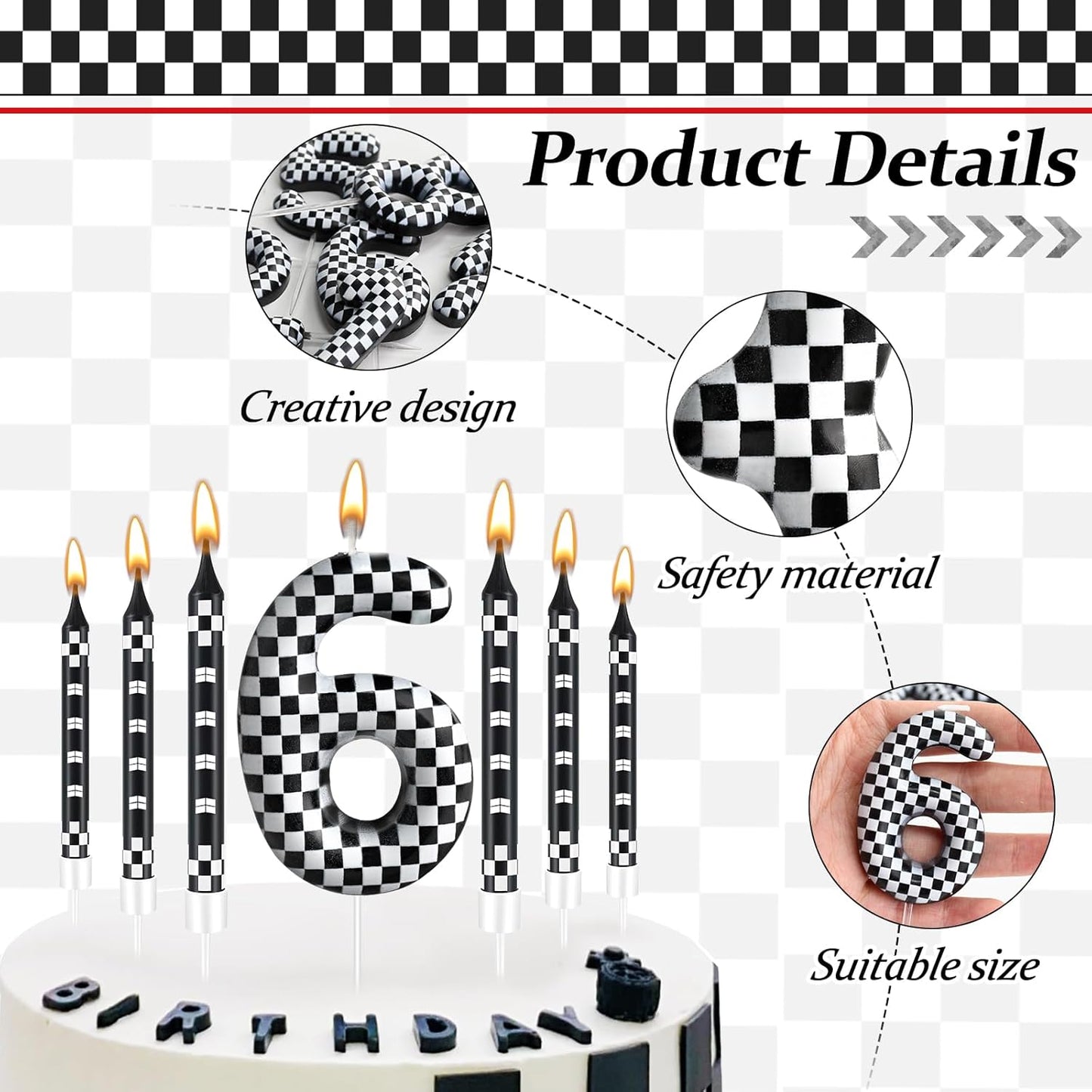 13 Pcs Racing Cars Themed Birthday Candles 12 Black and White Race Number 6 Checkered Candle Cake Topper for Racing Car Party Decoration Supplies (Number 6)