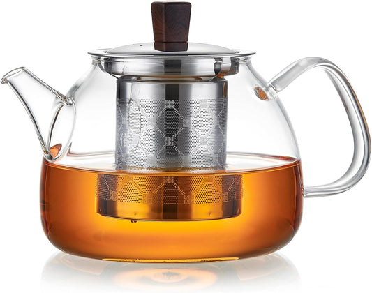 34OZ/1000ml Glass Teapot with Stainless Steel Infuser, Drip-Free Spout, and Wooden Knob Lid – Stovetop Safe Borosilicate Tea Kettle for Loose Leaf and Herbal Tea Brewing