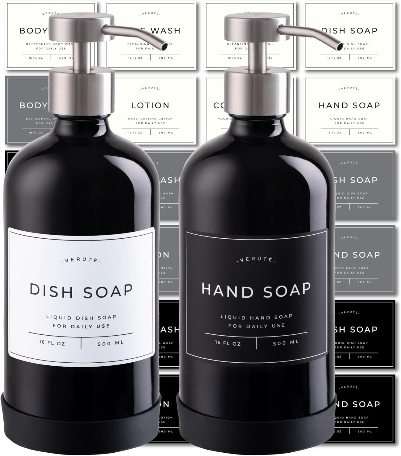 16oz Glass Soap Dispenser with Stainless Steel Pump, 21 Waterproof Labels, Non-Slip Protective Silicone Pad, Set of 2 for Bathroom & Kitchen (Gloss Black Bottle/Brushed Silver Pump)