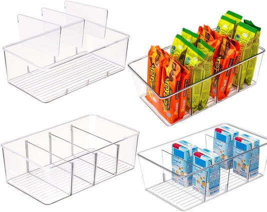 4 Pcs Clear Pantry Organizers and Storage,Plastic Storage Bins for Fridge with Removable Dividers, Kitchen Cabinet Organizers Ideal for Kitchen, Pantry, Refrigerator, Freezer, and Snack Storage