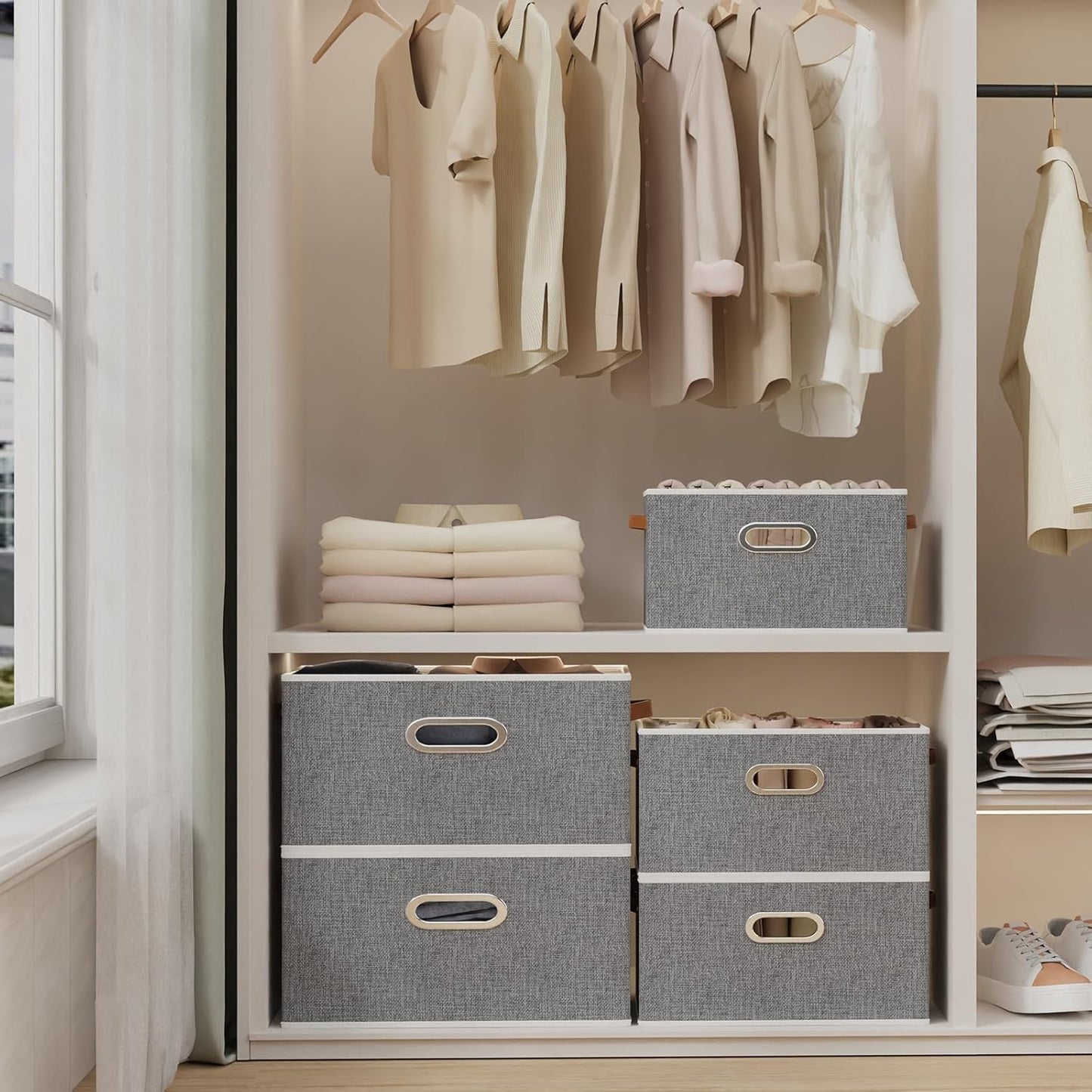 Yawinhe Foldable Storage Baskets for Shelves, Fabric Closet Organizers, Bins with 3 Handles, Cubes for Clothes, Grey, 15''Lx9.8''Wx8.3''H, 6-Pack