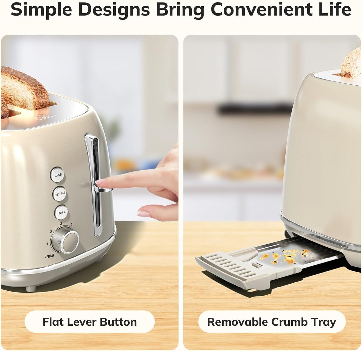 2 Slice Stainless Steel Toaster Retro with 6 Bread Shade Settings, Bagel, Cancel, Defrost Function, 2 Slice Toaster with Extra Wide Slot, Removable Crumb Tray, Tauge