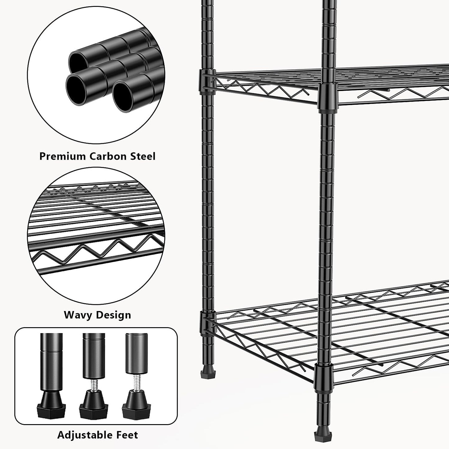1250 lbs 5 Tier Shelf Metal Storage Shelves Wire Rack Closet Organizers with Wheel for Garage Kitchen Bathroom Laundry Black 13.7" D x 23.6" W x 62.4" H