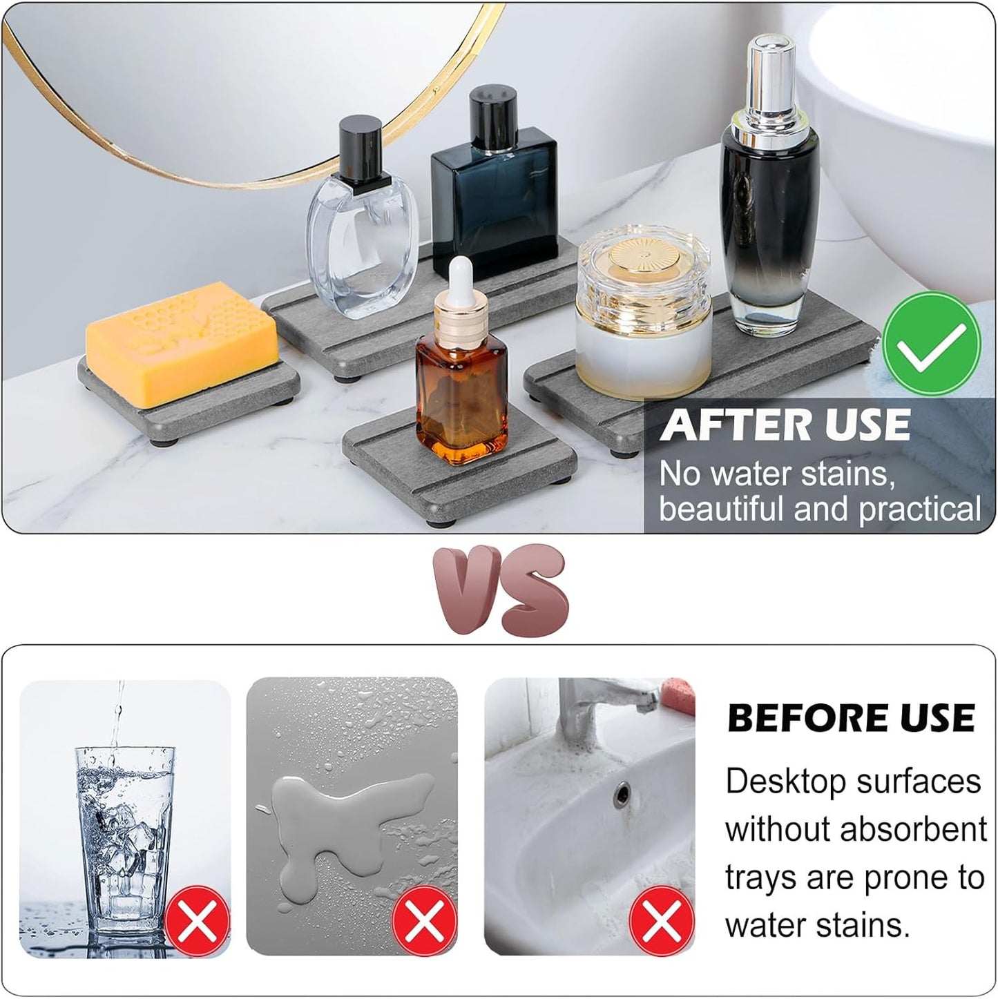 4PCS Stone Drying Trays for Bathroom Sink and Kitchen Counter - Water Absorbing Stone Tray with Diatomaceous Earth, Soap Dish and Coaster