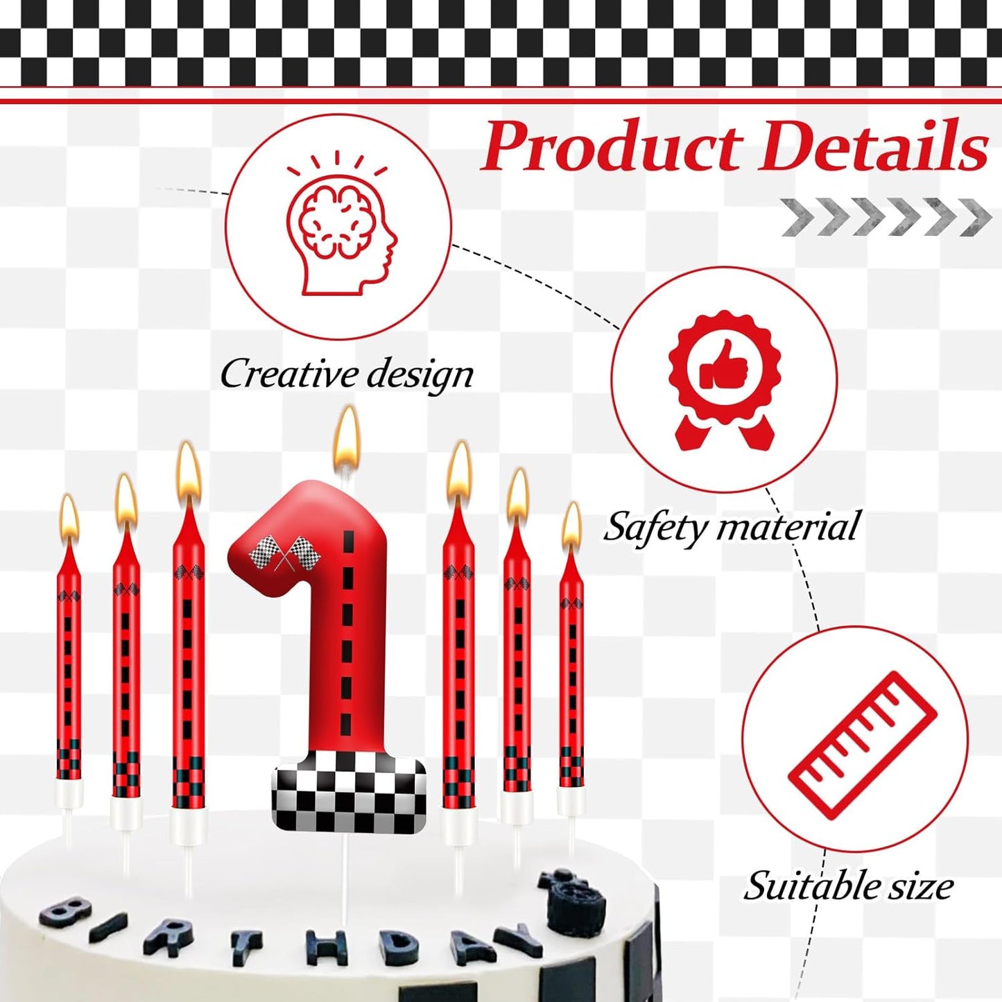 13PCS Racing Car Theme Birthday Candle Set with Checkered Flag Design - Durable Cake Topper for Race Car Party Decorations, Kids Birthday Supplies - Number 1 Candle for Racing-Themed Celebrations