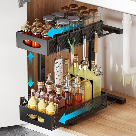 2-Tier Under Sink Organizer with Pull-Out Mesh Drawers, Adjustable Height Cabinet Storage for Kitchen/Bathroom/Laundry, Space-Saving Sliding Shelves (Black)