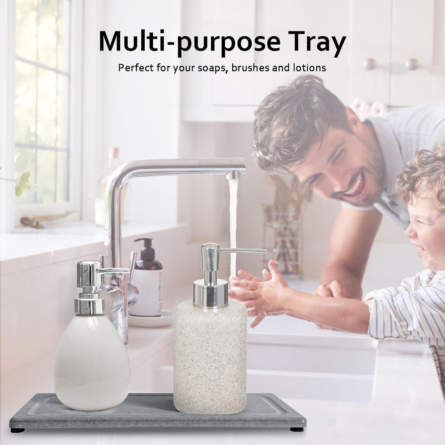 2 PCS Water Absorbing Stone Trays for Bathroom Sink & Kitchen Counter, Fast-Drying Diatomite Sink Coasters, Vanity Tray, Hand Soap Holder with Anti-Skid Pads (11" x 4.7" Gray)