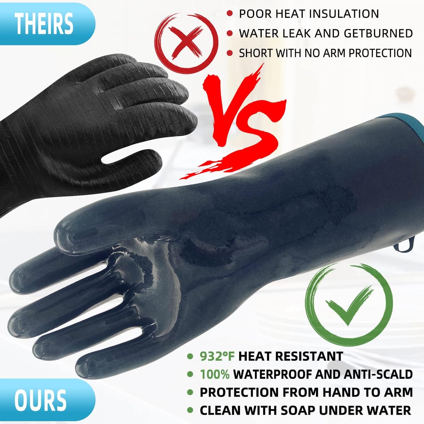 DEYAN Silicone BBQ Gloves, 932°F Heat Resistant Oven Gloves with Fingers, Kitchen Waterproof Hot Proof Glove for Fryer, Smoker, Baking, Cooking, Cutting(9/L)