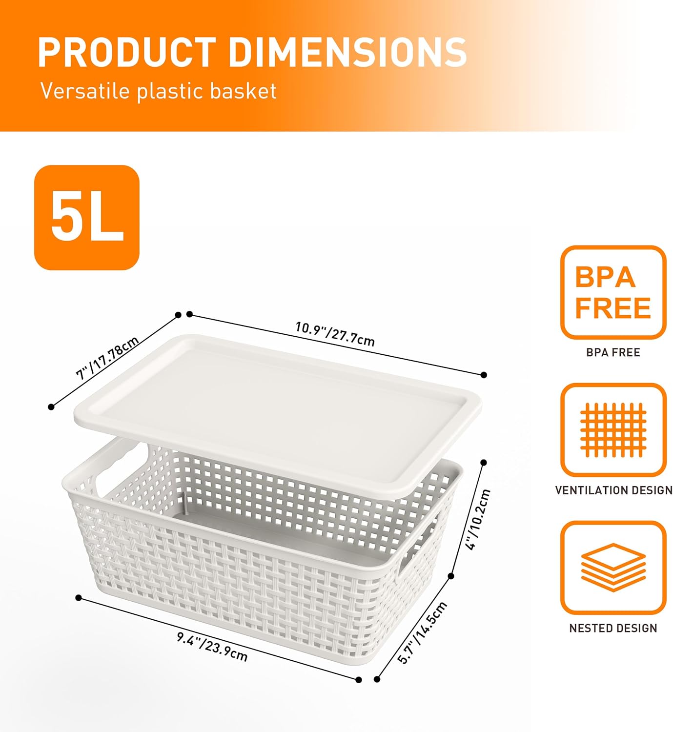 Plastic Storage Baskets With Lid, Storage Bins for Organizing, Stackable Decorative Containers for Shelves Drawers Desktop Closet Playroom Classroom Office, 6 Pack- White