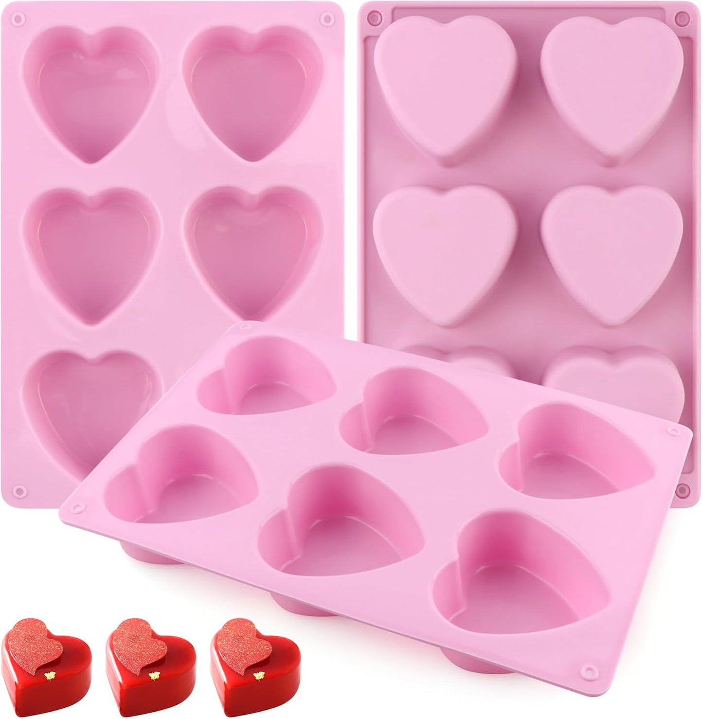 3-Pack 6-Cup Silicone Muffin Pans, Nonstick Cupcake Baking Molds, BPA/PFA-Free, Dishwasher & Oven Safe Heart-shaped Pink
